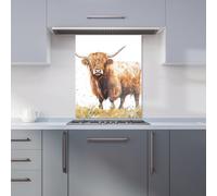 Premium Watercolour Highland Cow Kitchen Splashback 6mm Toughened Glass Kitchen Splashback - Heat Resistant Splashback for Kitchens, Perfect for Cookers and Hobs, Polished Edges