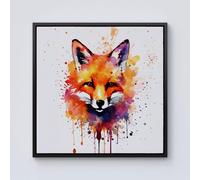 Warren Reed - Designer Watercolour Splashart Fox Face Framed Canvas in Black | Size: W16" x H16" Warren Reed - Designer Black W16" x H16"