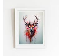 Warren Reed - Designer Watercolour Splashart Stag Face Framed Art Print in White | Size: W12" x H16" Warren Reed - Designer White W12" x H16"