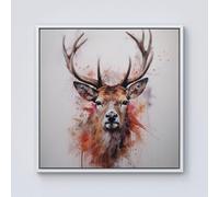 Warren Reed Watercolour Splash Art Stag Face Framed Canvas - 16" x 16" - White
