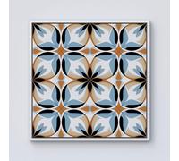 Warren Reed - Designer White Brown & Blue Geometric Pattern Framed Canvas in Off-White | Size: w40 inch x h40 inch Warren Reed - Designer Off-White w40 inch x h40 inch