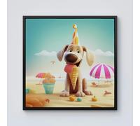 Warren Reed Dog On A Beach Holiday Framed Canvas - 10" x 10" - Black