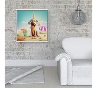 Warren Reed Dog On A Beach Holiday Framed Canvas - 16" x 16" - White