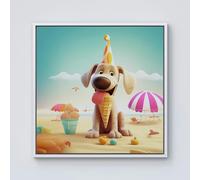 Warren Reed Dog On A Beach Holiday Framed Canvas - 30" x 30" - White