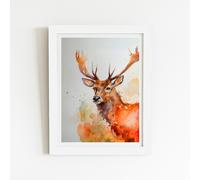 Majestic Stag Watercolour Framed Art Print Warren Reed - Designer White W8 inch x H10 inch