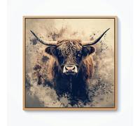 Warren Reed Moody Splashart Highland Cow Framed Canvas - Pine - 10" x 10"
