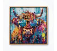 Warren Reed Splash Art Highland Cow Framed Canvas - 10" x 10" - Pine