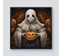 Warren Reed Spooky White Ghost Holding Pumpkin Framed Canvas - 10" x 10" - Black