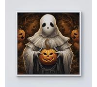 Warren Reed Spooky White Ghost Holding Pumpkin Framed Canvas - 10" x 10" - White