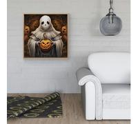 Warren Reed Spooky White Ghost Holding Pumpkin Framed Canvas - 16" x 16" - Pine
