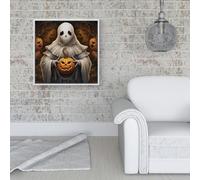 Warren Reed Spooky White Ghost Holding Pumpkin Framed Canvas - 16" x 16" - White