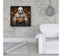 Warren Reed Spooky White Ghost Holding Pumpkin Framed Canvas - 40" x 40" - Black