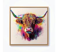 Warren Reed Super Splashart Highland Cow Framed Canvas - Pine - 30" x 30"