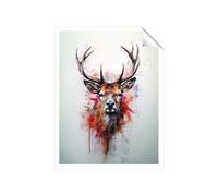 Warren Reed Watercolour Splashart Stag Face Art Prints - 12" x 16" - No frame