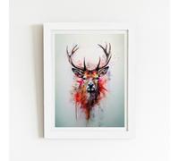 Warren Reed Watercolour Splashart Stag Face Art Prints - 16" x 24" - White frame
