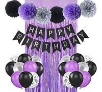 WARRENSON Happy Birthday Party Decorations Black Purple and Silver Balloon Supplies with Banner and Curtain for Women Men Boys Girls 20th 30th 40th 50th 60th 70th Birthday