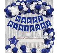 WARRENSON Navy Blue Birthday Balloons Decorations Blue and Silver Happy Birthday Banner with Fringe Curtains for 16th 30th 40th 50th 60th 70th 80th 90th Men's Party Supplies