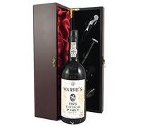 Warre's Vintage Port 1975 in a silk lined wooden box with four wine accessories, 1 x 750ml.