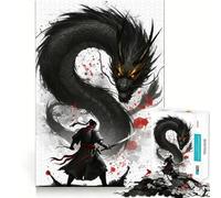 Warrior Facing A Black Dragon Jigsaw 1000 Pieces Focus Building Toy Zero Gap Rewarding Activity for Rainy Days (38x26cm)