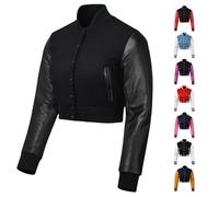 warrior gears Cropped Varsity Bomber Jacket Women with Wool Body and Leather Sleeves Baseball Letterman Stripe Style Varsity Women's Jackets - All Black, XS-S