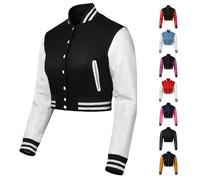 warrior gears Cropped Varsity Bomber Jacket Women with Wool Body and Leather Sleeves Baseball Letterman Stripe Style Varsity Women's Jackets - Black and White, S-M