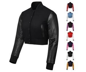 warrior gears Cropped Varsity Bomber Jacket Women with Wool Body and Leather Sleeves Baseball Letterman Stripe Style Varsity Women's Jackets - All Black, XS-S