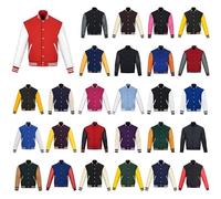 warrior gears Mens Varsity Jackets with Wool Body and Leather Sleeves, Classic Retro Letterman Motorbike Bomber Stripe Style Varsity Jacket, Navy Blue Wool Body & Cream Leather Sleeves - L