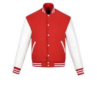 warrior gears Mens Varsity Jackets with Wool Body and Leather Sleeves, Classic Retro Letterman Motorbike Bomber Stripe Style Varsity Jacket, Red Wool Body & White Leather Sleeves - XL