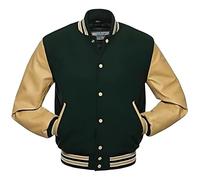 warrior gears Mens Varsity Jackets with Wool Body and Leather Sleeves, Classic Retro Letterman Motorbike Bomber Jacket Men, Forest Green Body - Tan Leather Sleeves - M