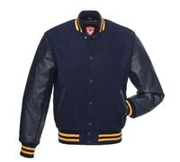 warrior gears Mens Varsity Jackets with Wool Body and Leather Sleeves, Classic Retro Letterman Motorbike Bomber Stripe Style Varsity Jacket, Navy Blue Wool Body & Navy Leather Sleeves - XS