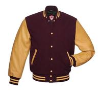 warrior gears Mens Varsity Jackets with Wool Body and Leather Sleeves, Classic Retro Letterman Motorbike Bomber Stripe Style Varsity Jacket, Maroon Wool Body & Gold Leather Sleeves - S