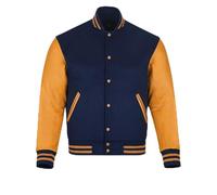 warrior gears Mens Varsity Jackets with Wool Body and Leather Sleeves, Classic Retro Letterman Motorbike Bomber Stripe Style Varsity Jacket, Navy Blue Wool Body & Gold Leather Sleeves - S