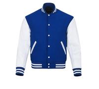 warrior gears Mens Varsity Jackets with Wool Body and Leather Sleeves, Classic Retro Letterman Motorbike Bomber Stripe Style Varsity Jacket, Royal Blue Wool Body & White Leather Sleeves - XXL