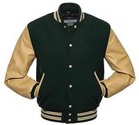 warrior gears Mens Varsity Jackets with Wool Body and Leather Sleeves, Classic Retro Letterman Motorbike Bomber Stripe Style Varsity Jacket, Forest Green Wool Body & Tan Leather Sleeves - XS