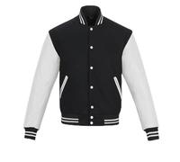 warrior gears Mens Varsity Jackets with Wool Body and Leather Sleeves, Classic Retro Letterman Motorbike Bomber Stripe Style Varsity Jacket, Black Wool Body & White Leather Sleeves - XL