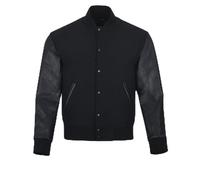 warrior gears Mens Varsity Jackets with Wool Body and Leather Sleeves, Classic Retro Letterman Motorbike Bomber Stripe Style Varsity Jacket, Dark Grey Wool Body & Black Leather Sleeves - 3XL
