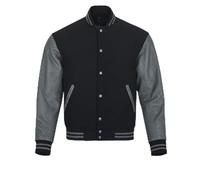 warrior gears Mens Varsity Jackets with Wool Body and Leather Sleeves, Classic Retro Letterman Motorbike Bomber Stripe Style Varsity Jacket, Black Wool Body & Grey Leather Sleeves - 4XL