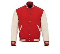 warrior gears Mens Varsity Jackets with Wool Body and Leather Sleeves, Classic Retro Letterman Motorbike Bomber Stripe Style Varsity Jacket, Red Wool Body & Off White Leather Sleeves - XXL