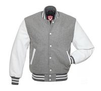 warrior gears Mens Varsity Jackets with Wool Body and Leather Sleeves, Classic Retro Letterman Motorbike Bomber Stripe Style Varsity Jacket, Light Grey Wool Body & White Leather Sleeves - L