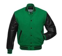 warrior gears Mens Varsity Jackets with Wool Body and Leather Sleeves, Classic Retro Letterman Motorbike Bomber Stripe Style Varsity Jacket, Kelly Green Wool Body & Black Leather Sleeves - L