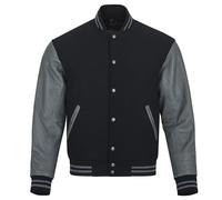 warrior gears Mens Varsity Jackets with Wool Body and Leather Sleeves, Classic Retro Letterman Motorbike Bomber Stripe Style Varsity Jacket, Black Wool Body & Grey Leather Sleeves - S