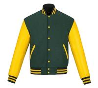 warrior gears Mens Varsity Jackets with Wool Body and Leather Sleeves, Classic Retro Letterman Motorbike Bomber Stripe Style Varsity Jacket, Green Wool Body & Yellow Leather Sleeves - 7XL