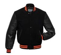 warrior gears Mens Varsity Jackets with Wool Body and Leather Sleeves, Classic Retro Letterman Motorbike Bomber Stripe Style Varsity Jacket, Black Wool Body & Leather Sleeves with Orange Stripes - XL