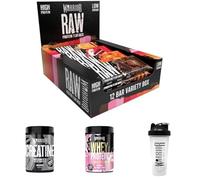 Warrior Gym Performance Bundle of Warrior Raw Protein Bars Variety Pack 12 x 75g Bars + 500g Creatine Unflavoured + 500g Whey Protein Powder Strawberry Milkshake + Protein Shaker Bottle 600ml