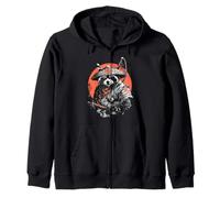 Warrior Raccoon with Japanese Katana Red Sun Art Zip Hoodie