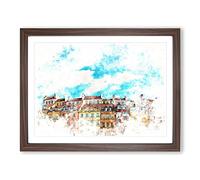 Warsaw Old Town In Poland Watercolour Modern Framed Print | A2 Walnut Framed Wall Art | Ready to Hang | Modern Historical Picture | Living Room Bedroom Lounge Office