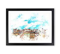 Warsaw Old Town In Poland Watercolour Modern Framed Print | A4 Black Framed Wall Art | Ready to Hang | Modern Historical Picture | Living Room Bedroom Lounge Office