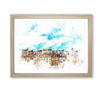 Warsaw Old Town In Poland Watercolour Modern Framed Print | A4 Oak Framed Wall Art | Ready to Hang | Modern Historical Picture | Living Room Bedroom Lounge Office
