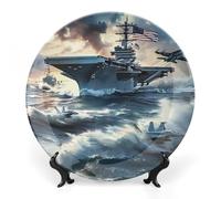 Warship Battleship Military Jet Airplane Bone China Decorative Plate Chinese Style Ceramic Dish with Stand Memorial Gifts for Home Office