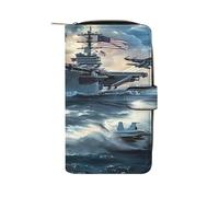 Warship Battleship Military Jet Airplane Leather Bifold Organizer Wallet with Zipper Pocket Multifunctional Credit Card Holder